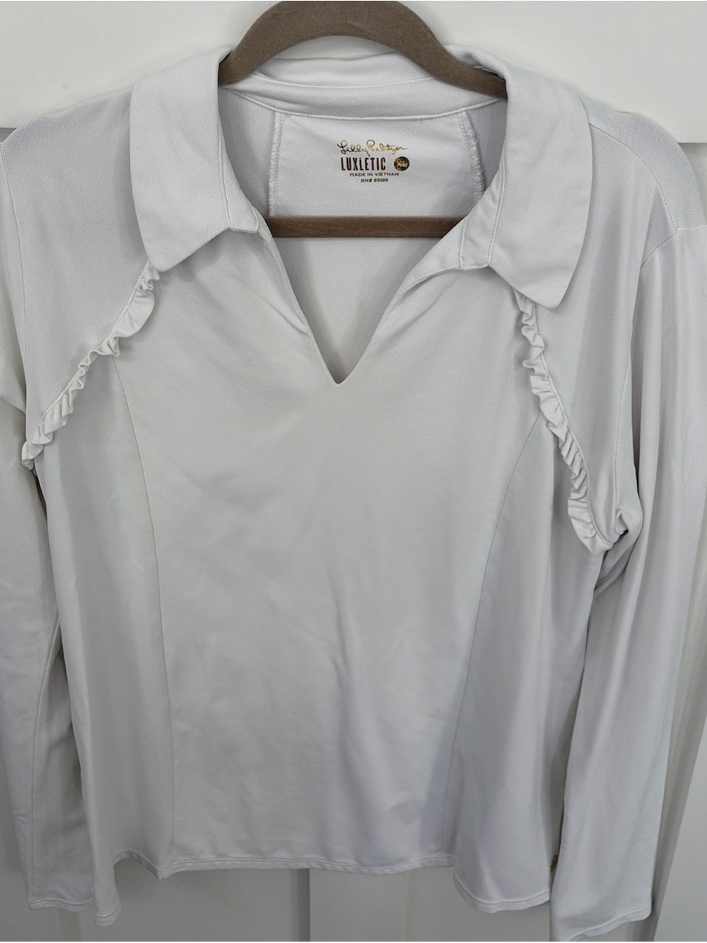 Lilly Pulitzer White Ruffle-Trim Long Sleeve Polo Top XL-Luxletic